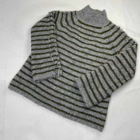 STITCHES + STRIPES Gray Olive Green Fuzzy Stripe Mock Neck Sweater XS - Picture 2 of 16